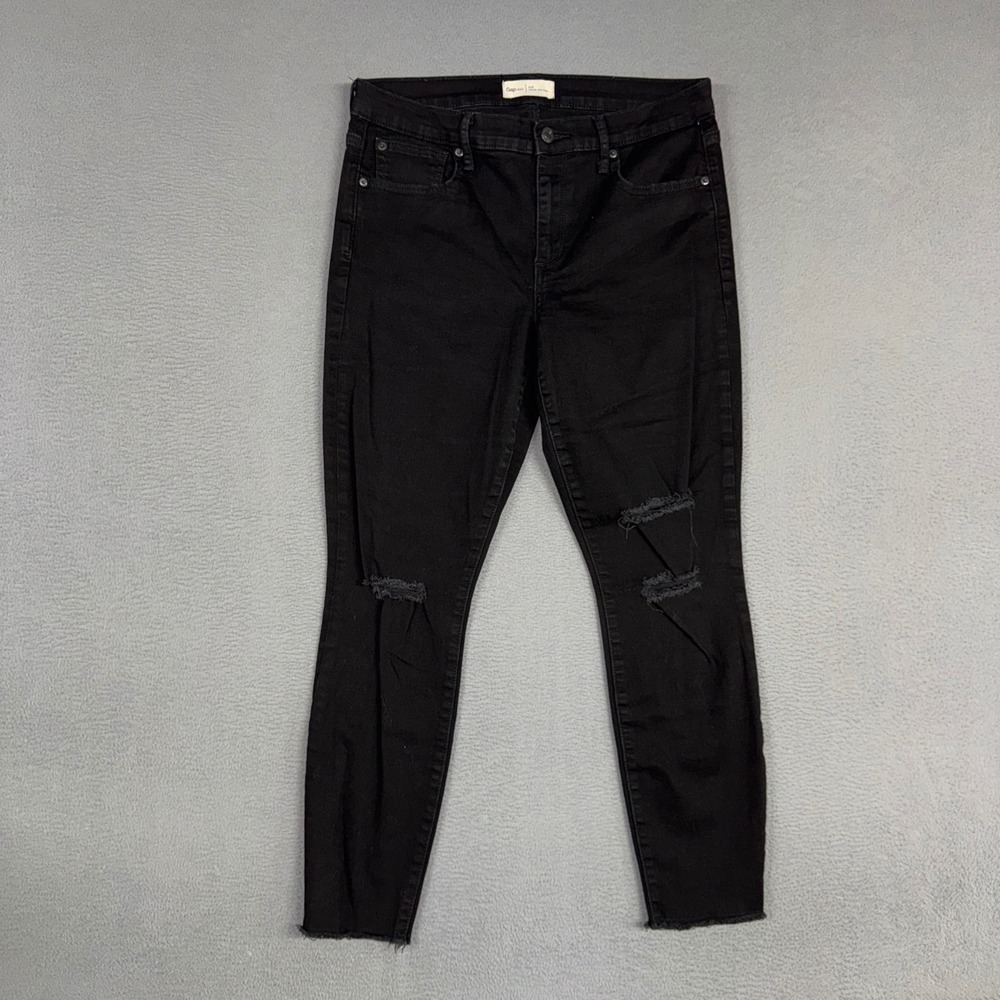 Gap Jeans Womens 32 Black True Skinny Stretch Distressed Raw Hem Mid Rise Denim